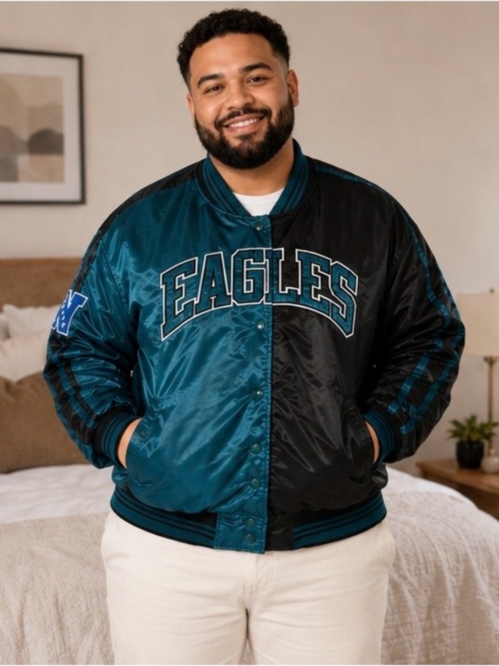 Philadelphia Eagles Starter Satin Jacket XL Black Teal Full Snap NFL